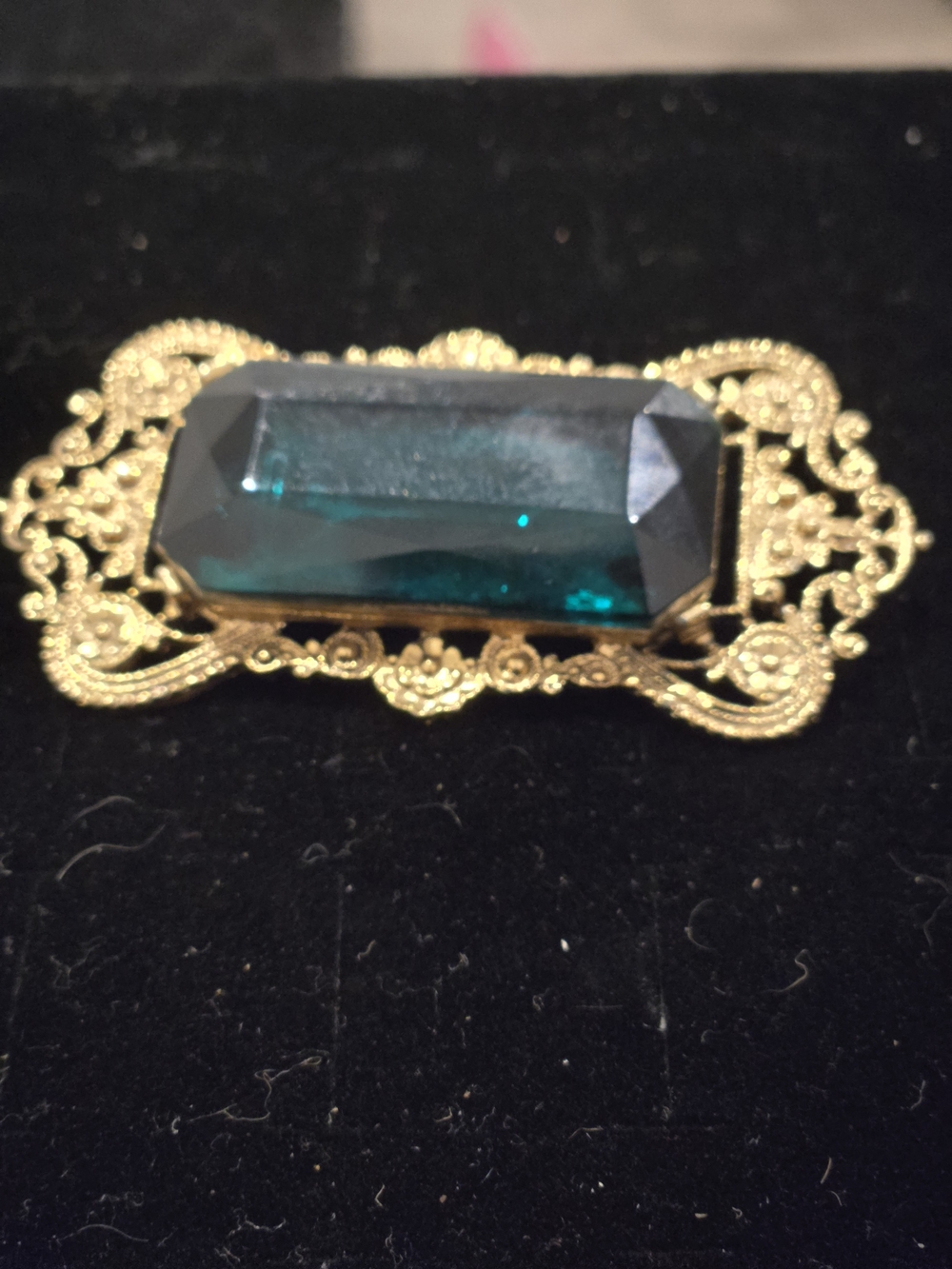 Stunning Victorian Revival Filagree Emerald Cut Glass Brooch , Heavy